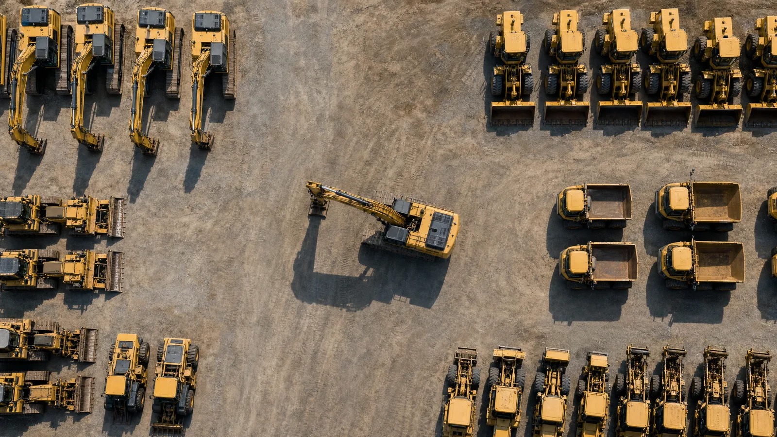 Top-down view of a construction equipment yard with one excavator selected by Drivewatch asset tracking