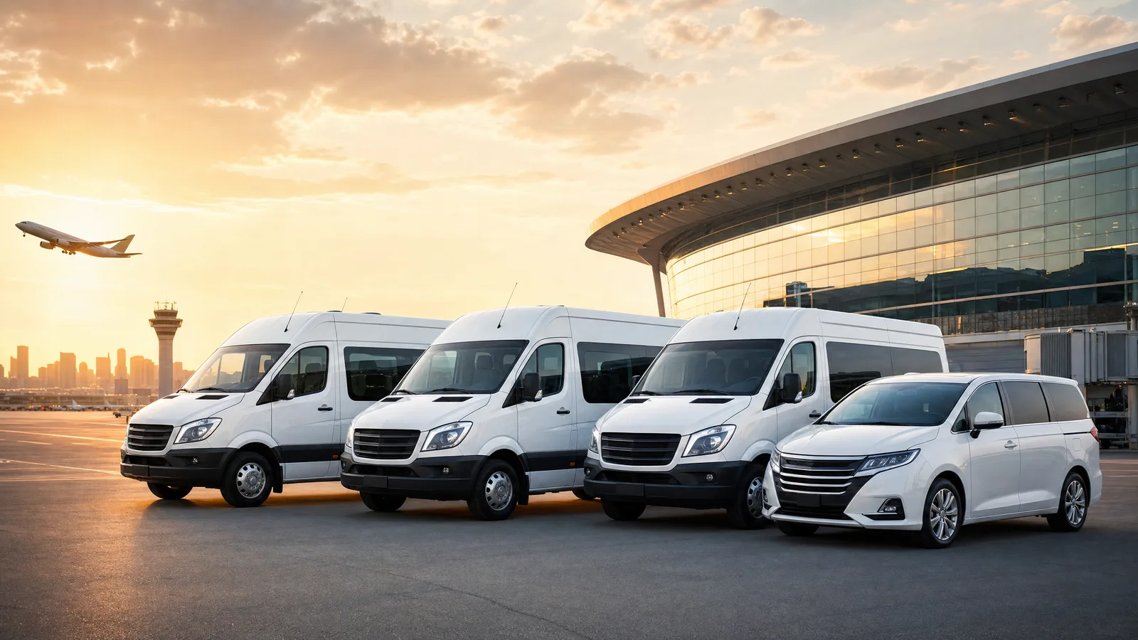 Fleet of white passenger shuttle vans lined up at a modern airport terminal at sunset