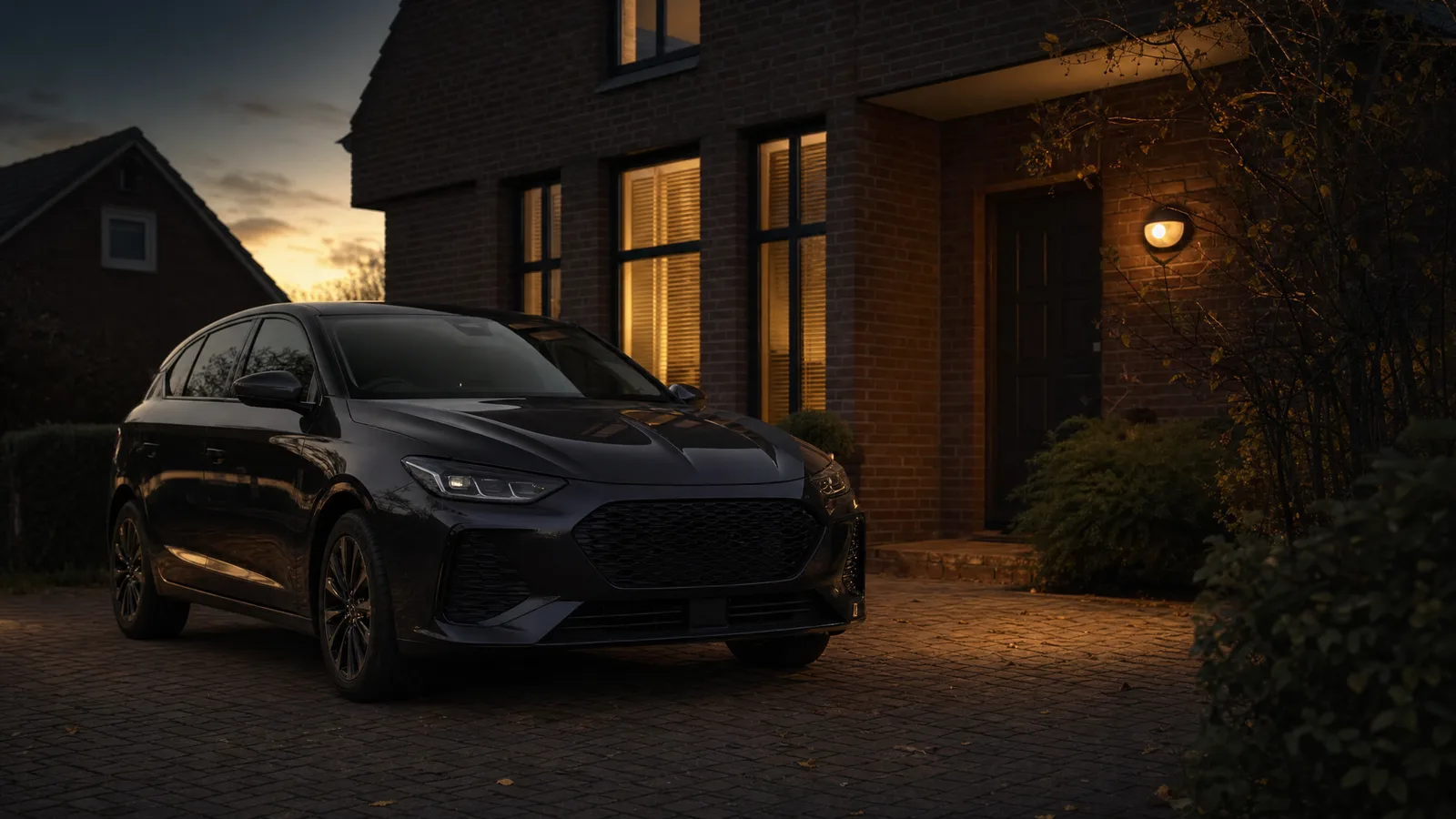 A personal car parked in a Dutch driveway at dusk