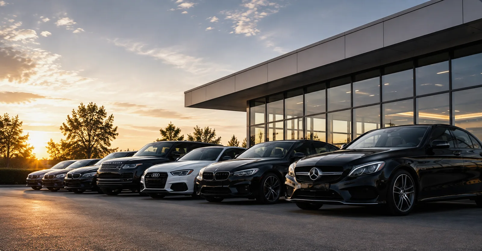 Premium rental cars lined up outside a glass-fronted showroom at sunset